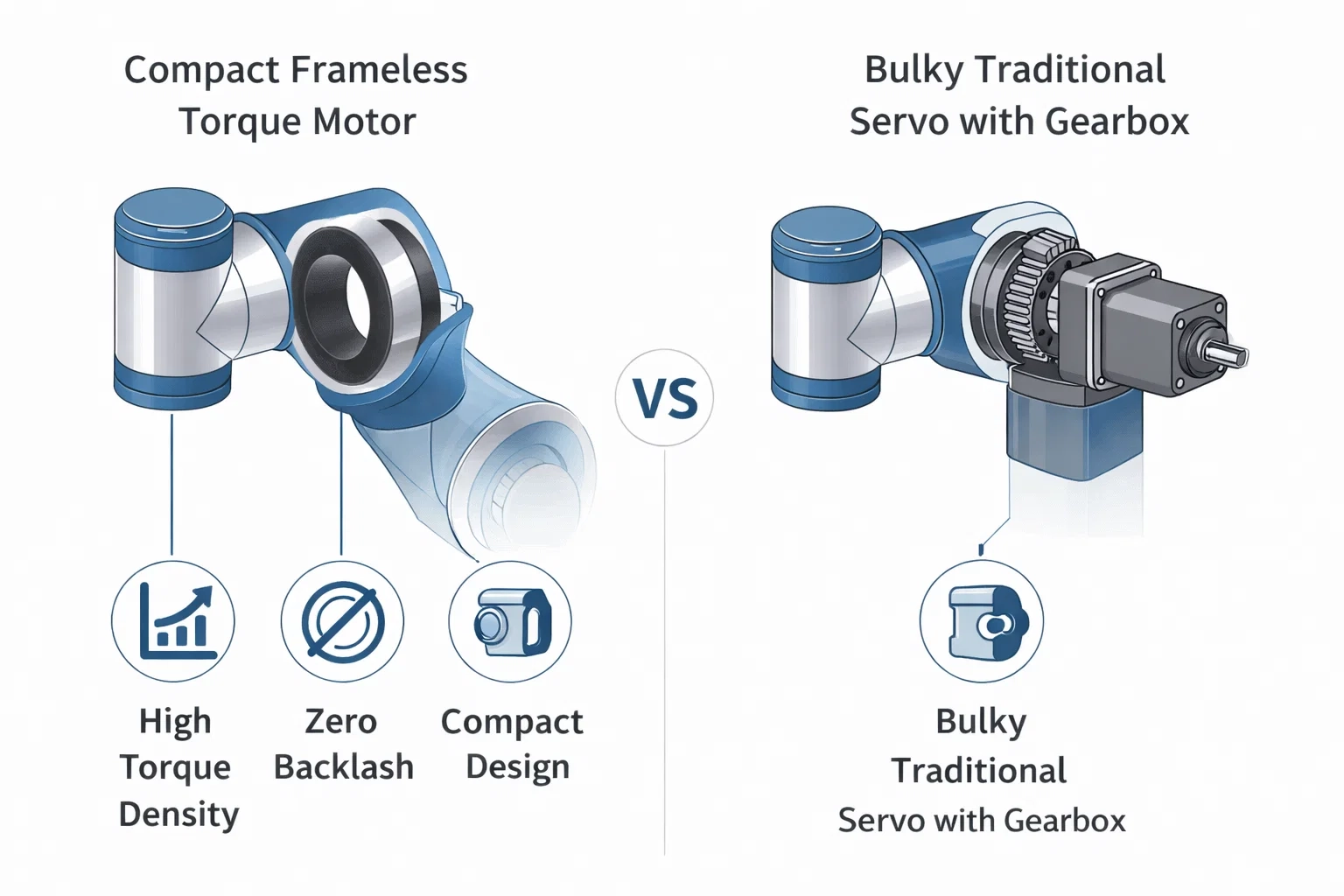Infographic comparing the compact design of a frameless torque motor to a bulky traditional servo motor, highlighting advantages like high torque density and zero backlash.
