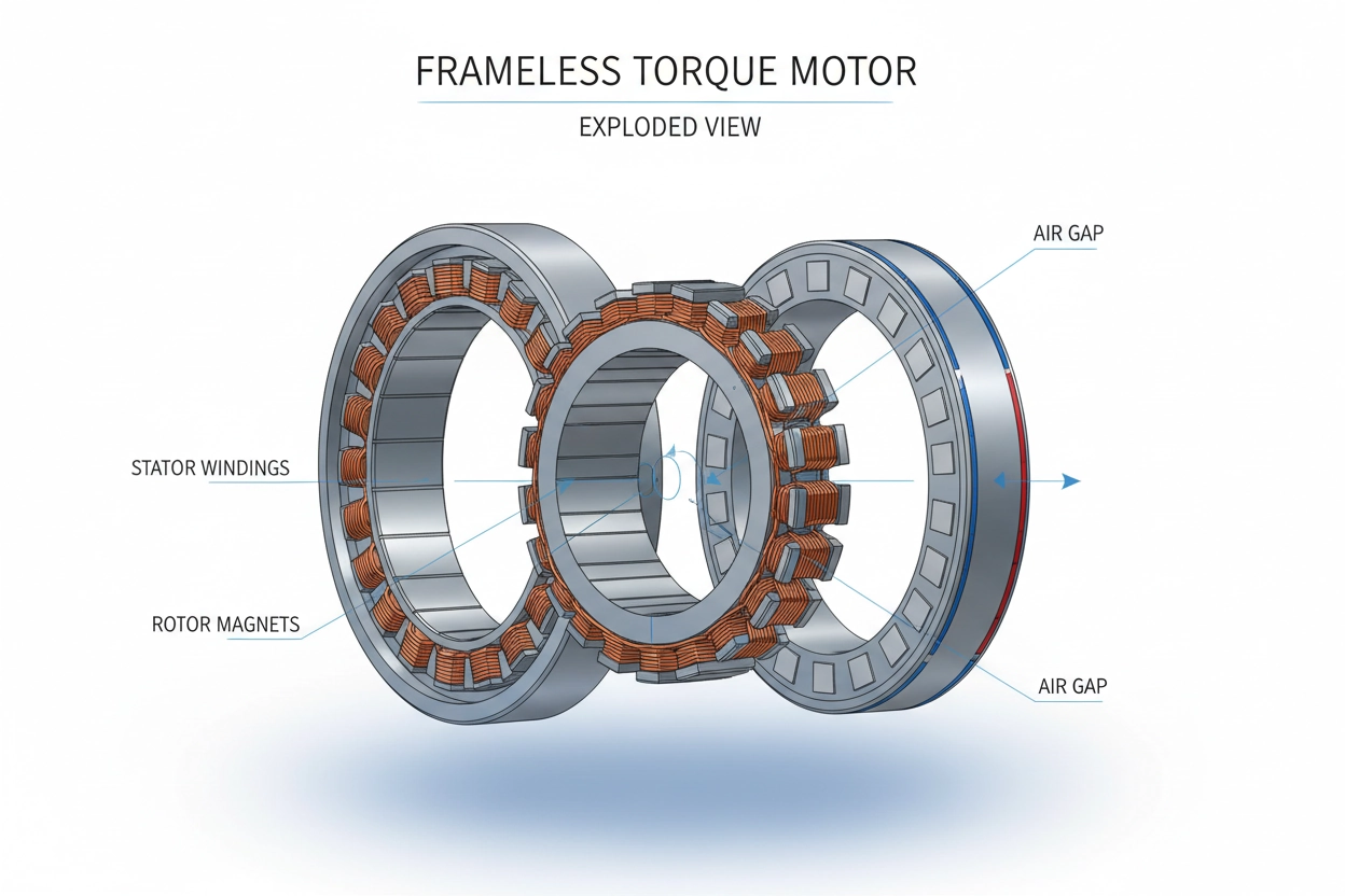 Exploded view of a Hobber Drive frameless torque motor showing the stator and rotor components.