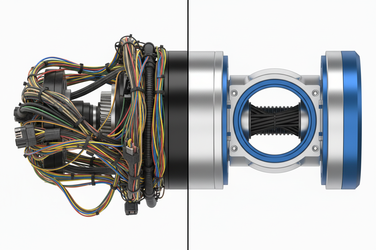 Comparison of messy external cable routing on a solid shaft versus clean internal routing using a large aperture actuator.