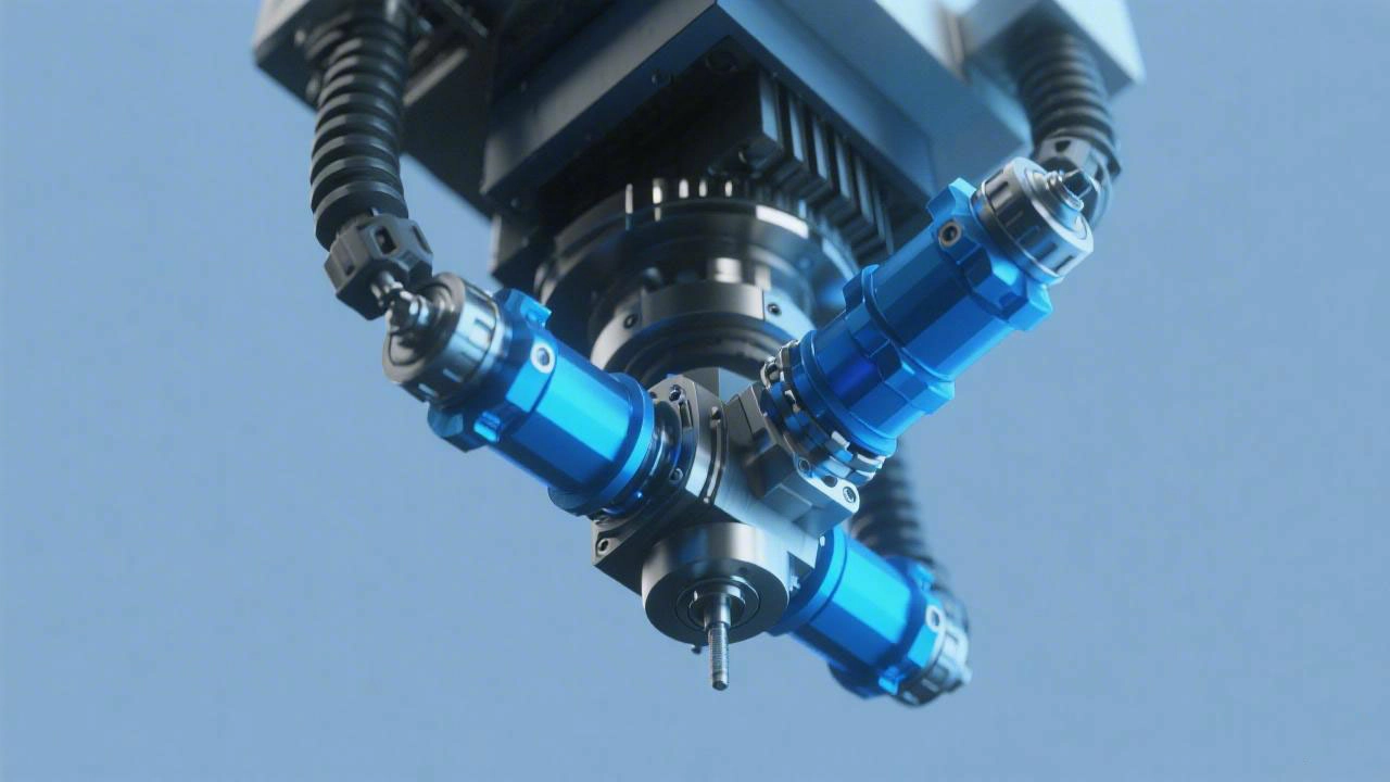 Compact rotary joint modules integrated into a 5-axis CNC machine head for interference-free machining.
