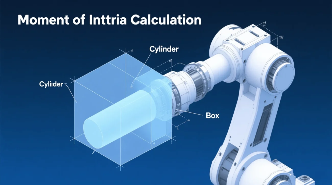Geometric breakdown of a robotic arm segment for calculating moment of inertia in motion systems.