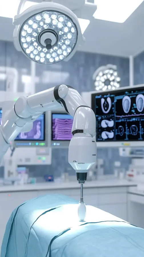 A modern surgical robot arm performing precise movements in a sterile operating room environment.