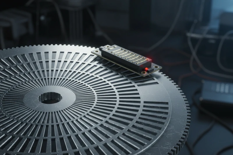 A close-up view of a precision optical encoder disc used for position feedback in robotic actuators.