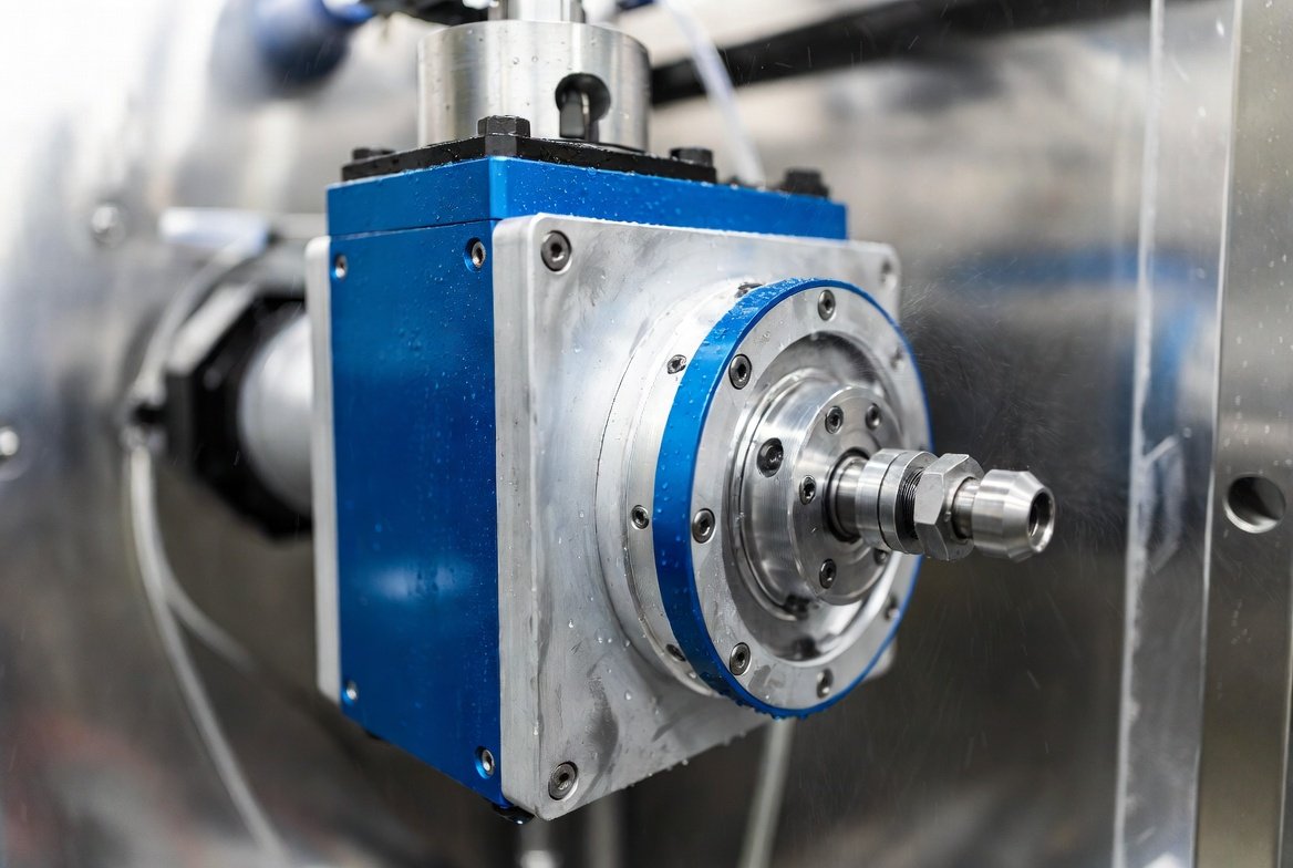 A robust robotic actuator with a high IP rating, repelling water and dust in an industrial setting.