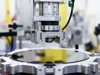 A robotic end-effector performing high-precision wafer handling in a semiconductor cleanroom.