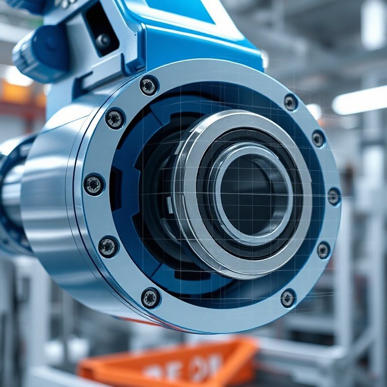 A detailed view of a robotic joint module showing its internal structure and high torsional stiffness characteristics. Title: Robotic Joint Stiffness