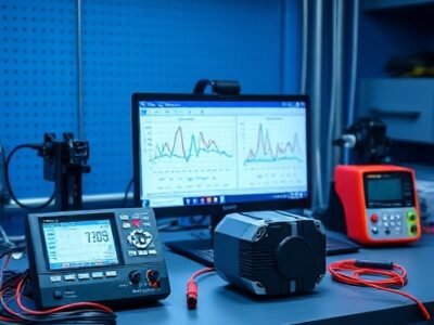 Electrical engineer workspace showing tools and software for servo drive sizing and motion control calculation.