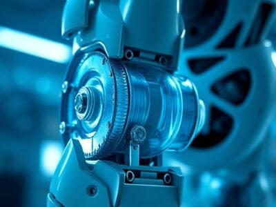 A close-up view of an advanced integrated joint module inside a future humanoid robot.