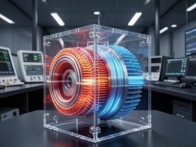 Thermal heat map visualization of a high-torque motor showing temperature distribution and cooling effects.