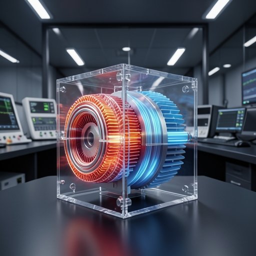 Thermal heat map visualization of a high-torque motor showing temperature distribution and cooling effects.