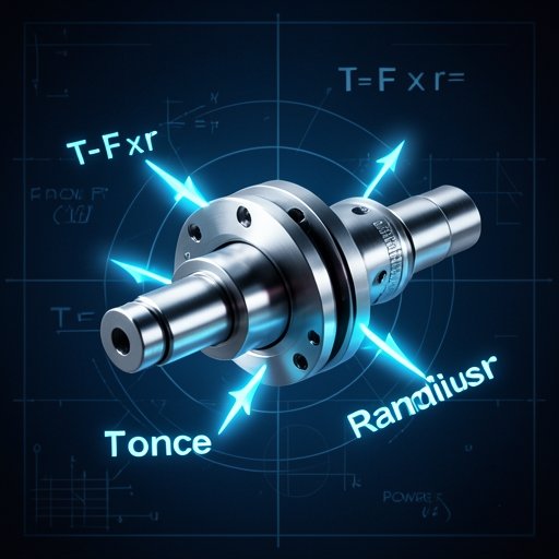 A technical visualization illustrating the physics of motor torque with force and radius vectors.