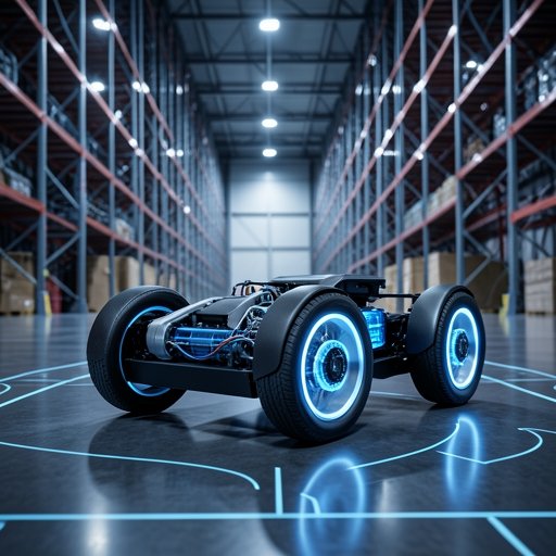 A futuristic AMR chassis featuring integrated frameless motors in the wheel hubs for efficient motion control.