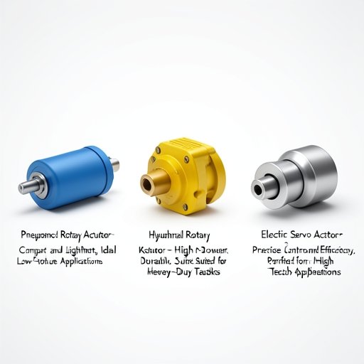 A visual comparison of pneumatic, hydraulic, and electric rotary actuator types.