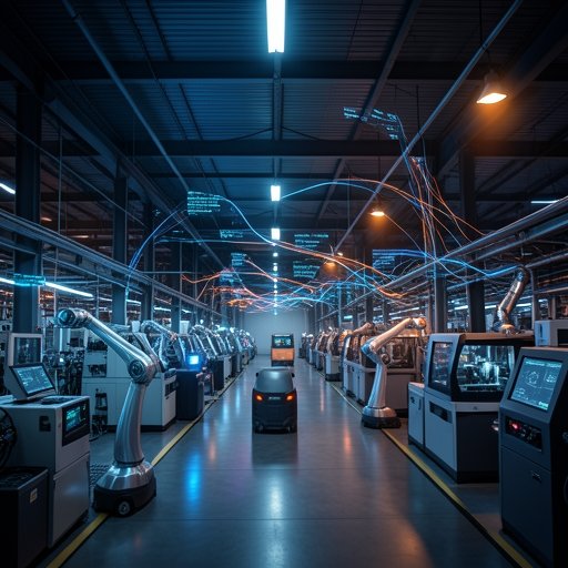 A futuristic Industry 4.0 smart factory with interconnected robotic systems and digital data streams.