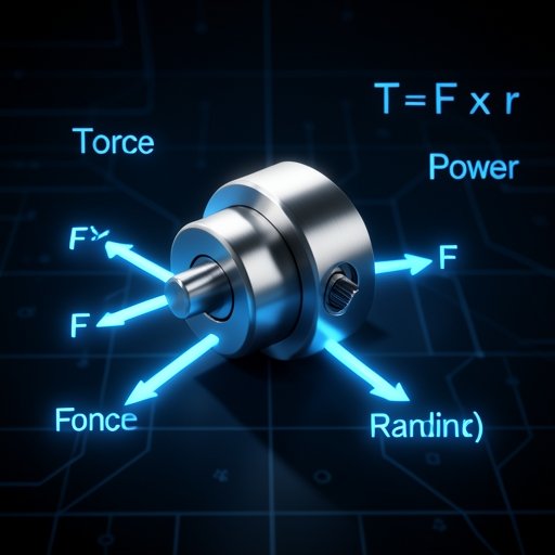 A technical visualization illustrating the physics of motor torque with force and radius vectors.