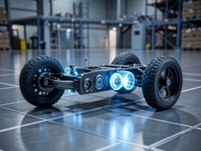 Technical 3D render of an AMR chassis showing a precision wheel drivetrain and steering module.