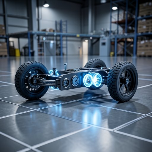 Technical 3D render of an AMR chassis showing a precision wheel drivetrain and steering module.