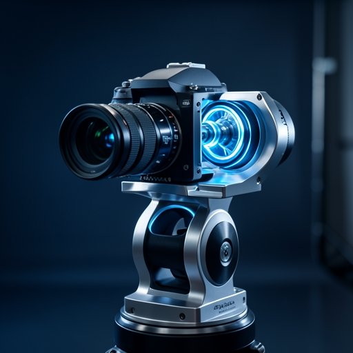 A professional cinematic camera mounted on a motorized gimbal utilizing a frameless motor for smooth motion.