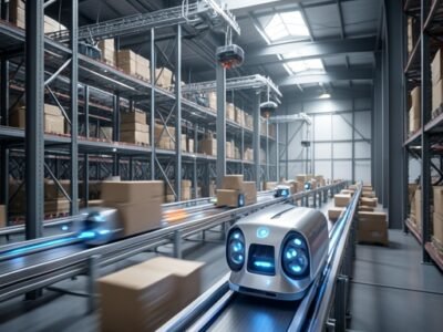 An advanced automated warehouse facility utilizing high-efficiency motion control systems and sorting conveyors.
