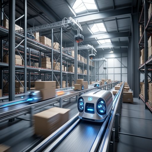 An advanced automated warehouse facility utilizing high-efficiency motion control systems and sorting conveyors.