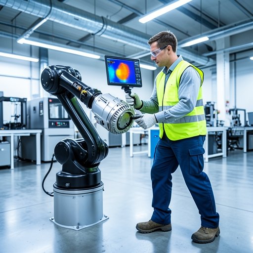 Maintenance engineer performing a thermal inspection on a rotary actuator to ensure system reliability.