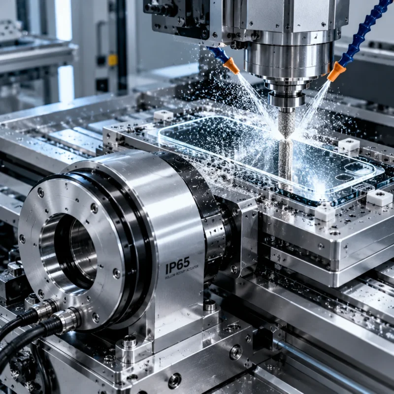 An automated CNC glass processing machine cutting a glass pane utilizing a sealed precision hollow rotary actuator.