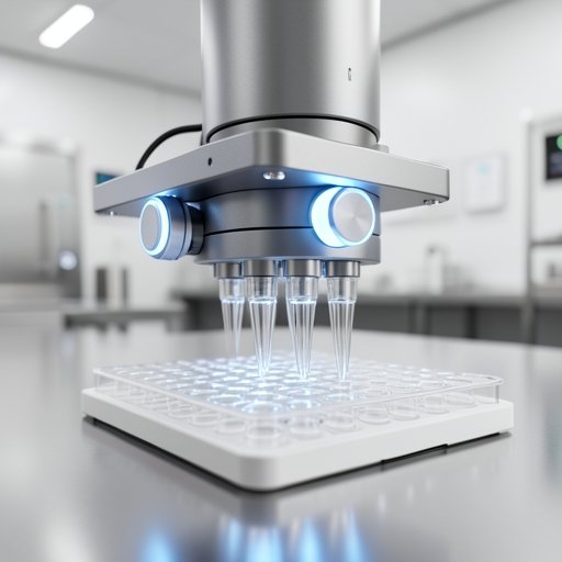 A high-precision automated pipetting head utilizing compact actuators for accurate well plate alignment.