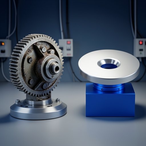 A technical visualization comparing a traditional worm gear assembly with a modern direct drive turntable motor.