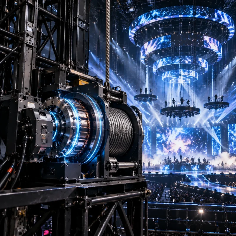 A high-tech theater stage utilizing precision motion control and automated winches for dynamic scene changes.