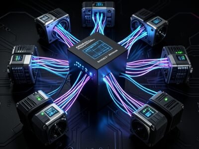 A technical visualization of real-time industrial Ethernet communication connecting a controller to servo drives.