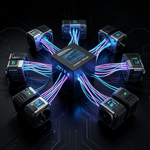 A technical visualization of real-time industrial Ethernet communication connecting a controller to servo drives.