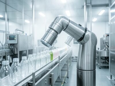 An automated food and beverage packaging line utilizing a sealed, stainless steel rotary actuator for wash-down processing.