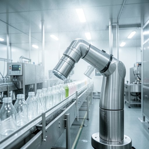 An automated food and beverage packaging line utilizing a sealed, stainless steel rotary actuator for wash-down processing.