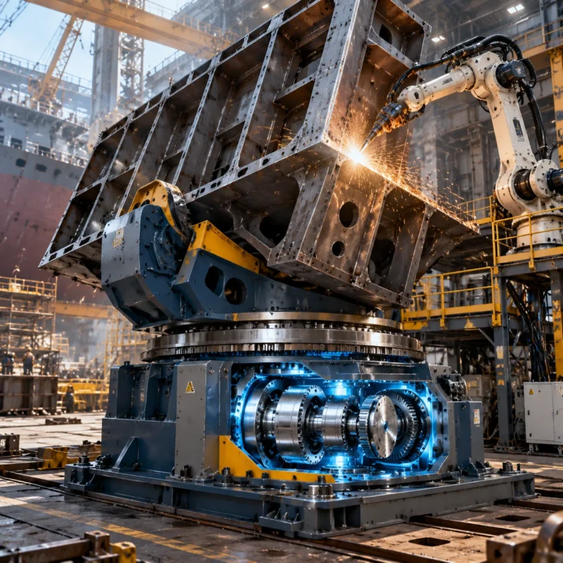 A heavy-duty robotic welding positioner utilizing a high-rigidity planetary gearbox in an industrial manufacturing plant.