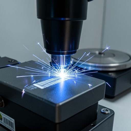 A high-speed laser marking head engraving a component on a direct-drive rotary stage powered by a frameless motor.