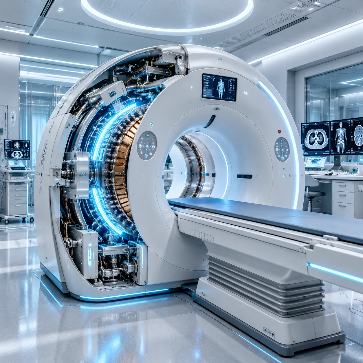 A modern medical imaging CT scanner with a cutaway revealing precision direct-drive motion components inside the gantry.