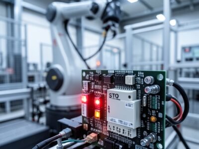 A servo drive safety terminal block highlighted for Safe Torque Off (STO) in an industrial automation control panel.