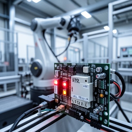 A servo drive safety terminal block highlighted for Safe Torque Off (STO) in an industrial automation control panel.